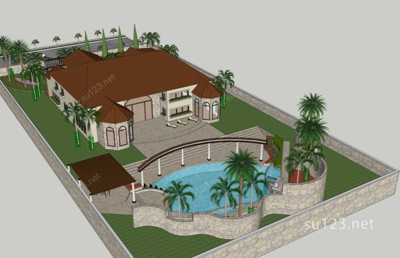 欧式独栋别墅及庭院景观SU模型下载草图大师sketchup模型