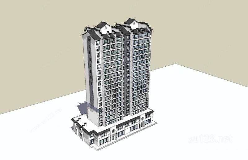 中式高层商业住宅楼SU模型下载草图大师sketchup模型