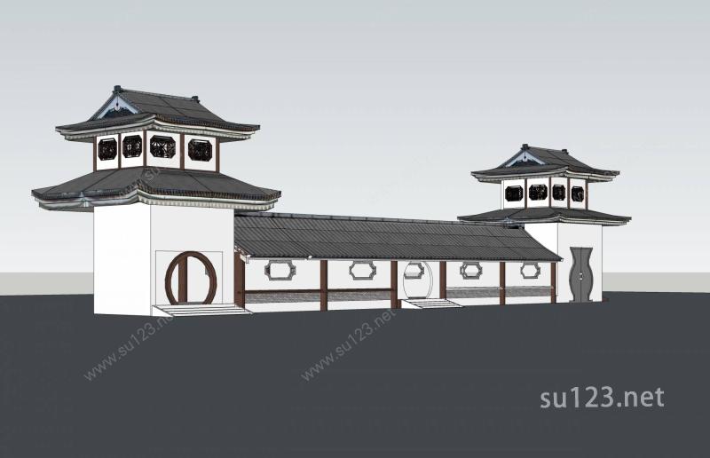 中式景观连廊及亭SU模型