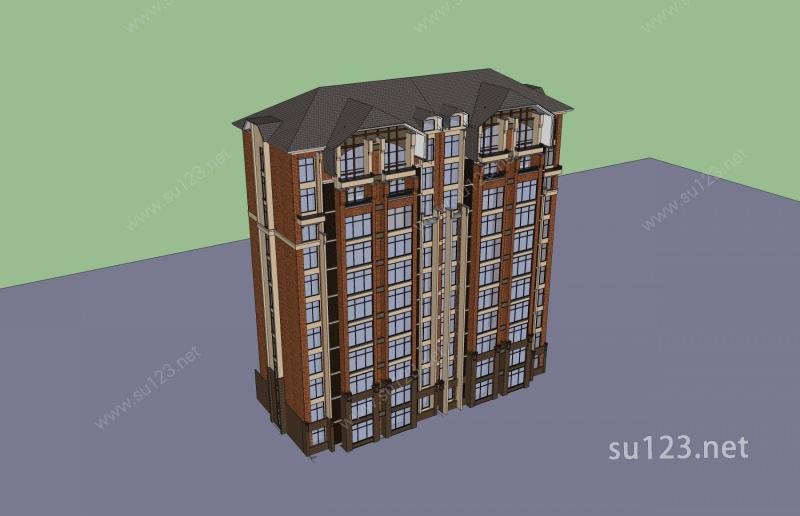 西班牙风格高层住宅楼SU模型下载草图大师sketchup模型
