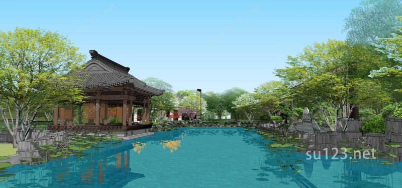 中式园林景观中式古建会所水景湖泊SU模型下载草图大师sketchup模型