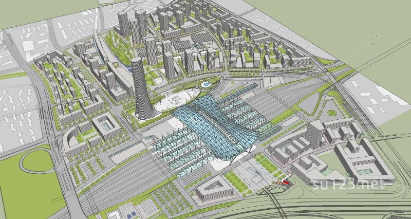 超精细火车站周边规划建筑规划景观SU模型下载草图大师sketchup模型