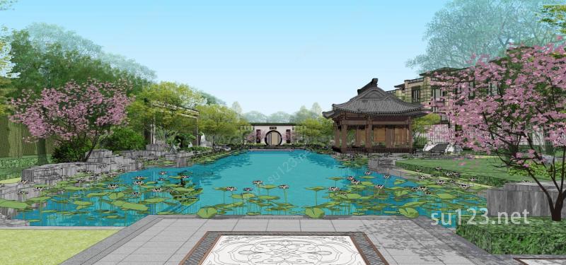中式园林景观中式古建会所水景湖泊SU模型下载草图大师sketchup模型