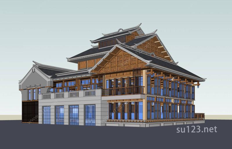 中式小酒店SU模型下载草图大师sketchup模型