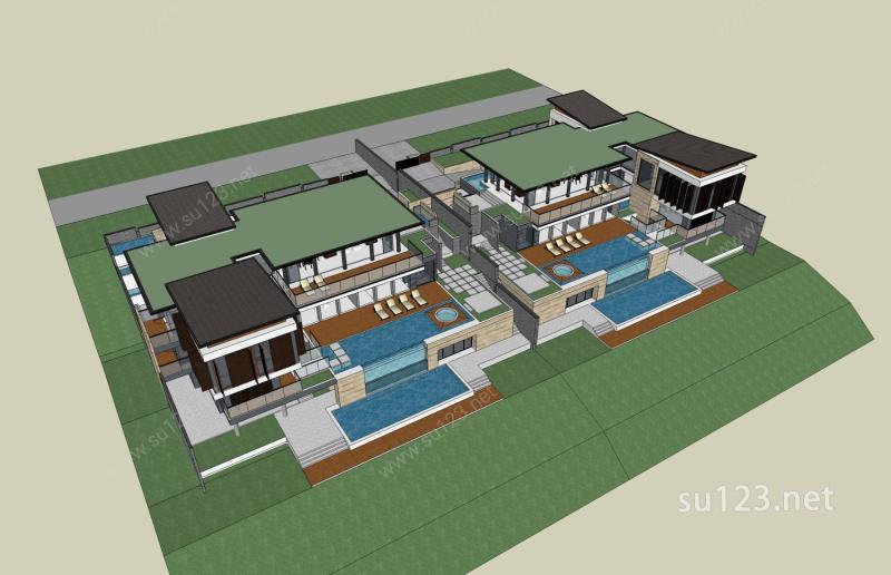 东南亚风格双拼别墅SU模型下载草图大师sketchup模型