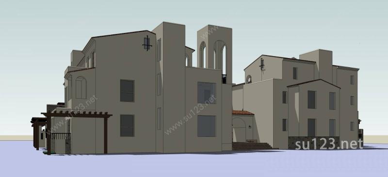西班牙风格合院别墅SU模型下载草图大师sketchup模型