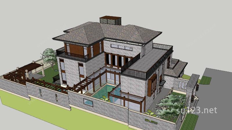 现代新中式别墅SU模型