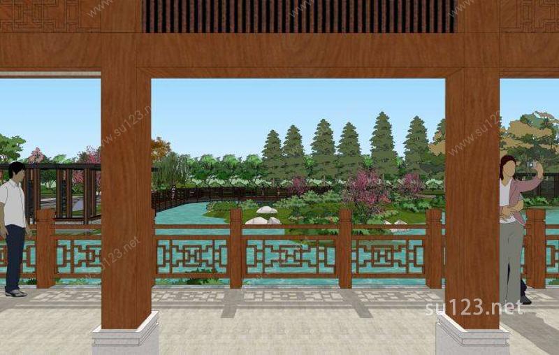 中式小区园林景观SU模型下载草图大师sketchup模型