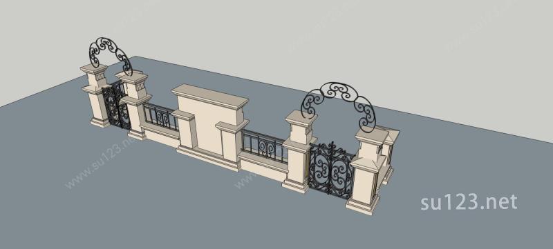 法式庭院大门及围墙SU模型下载草图大师sketchup模型