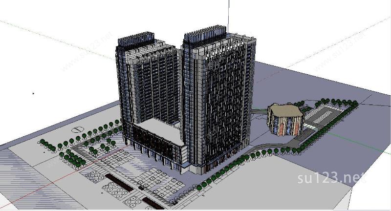 公建办公高层现代双塔高层正方形SU模型
