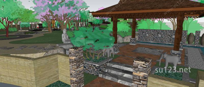 中式温泉庭院景观设计SU模型下载草图大师sketchup模型