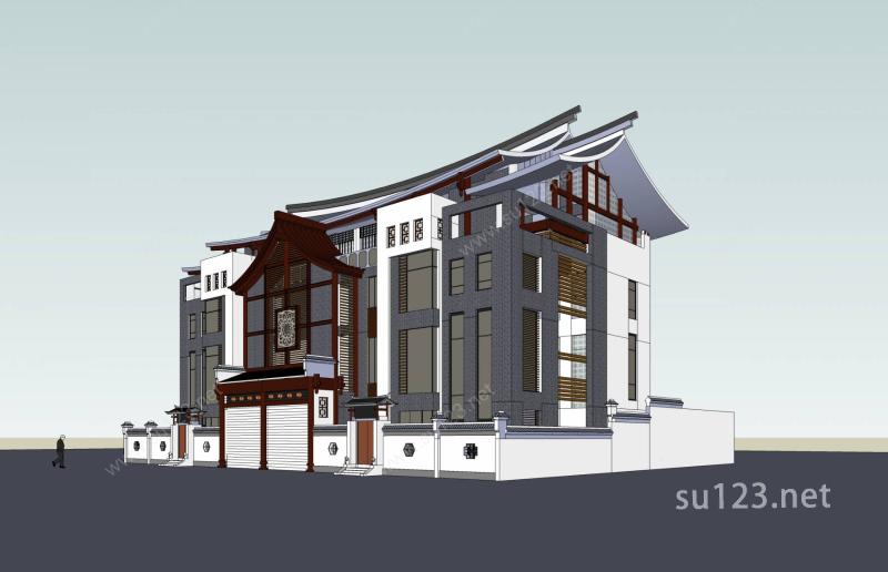 中式双拼别墅SU模型