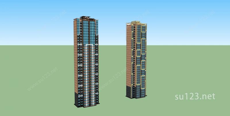 两种立面简约现代住宅楼SU模型下载草图大师sketchup模型
