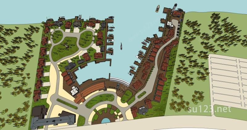 鱼人码头规划及建筑设计精细完整模型SU模型下载草图大师sketchup模型