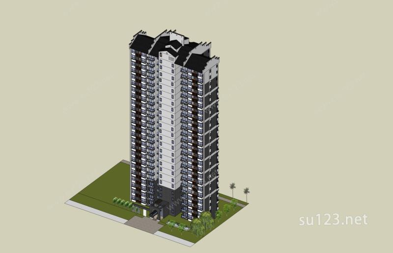 中式高层住宅楼SU模型