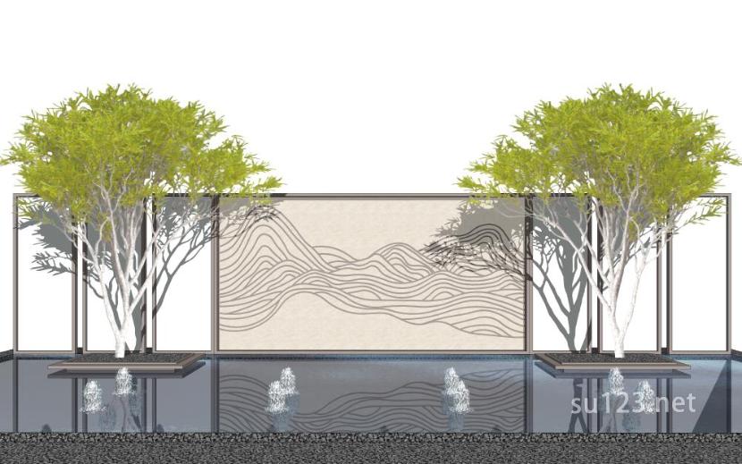 新中式山水景墙山石片岩SU模型草图大师sketchup模型