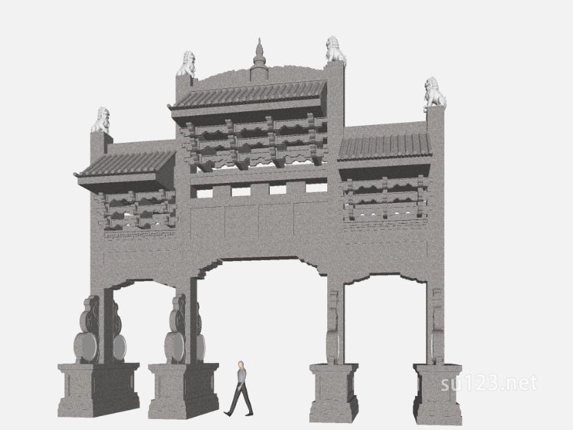中式大门小区入口大门 (33)SU模型