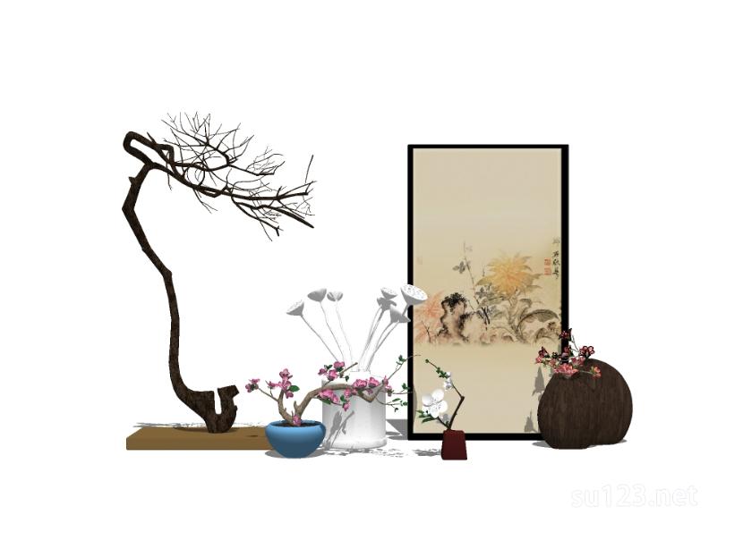 中式雕塑盆栽摆件2SU模型草图大师sketchup模型