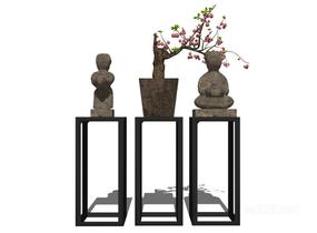 中式雕塑盆栽摆件SU模型